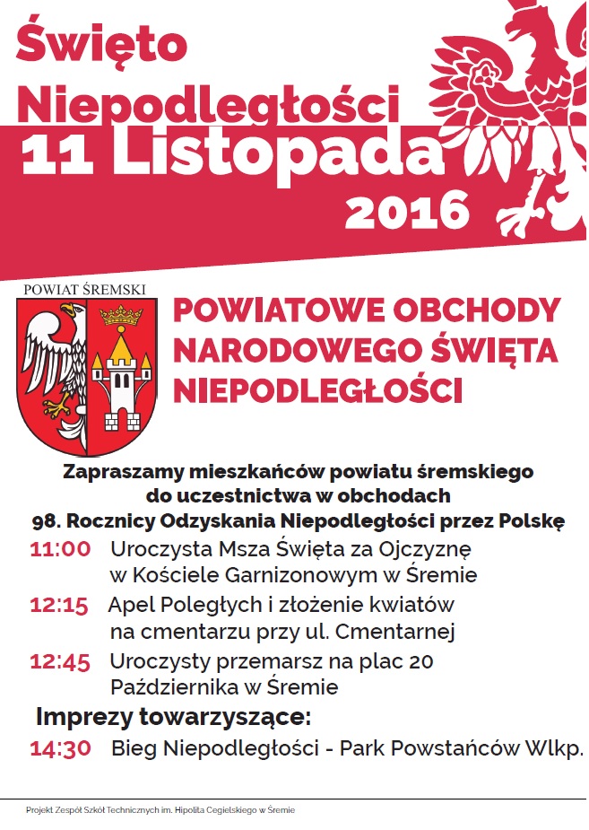 Plan powiatowych obchodów 98. Rocznicy Odzyskania Niepodległości przez Polskę
